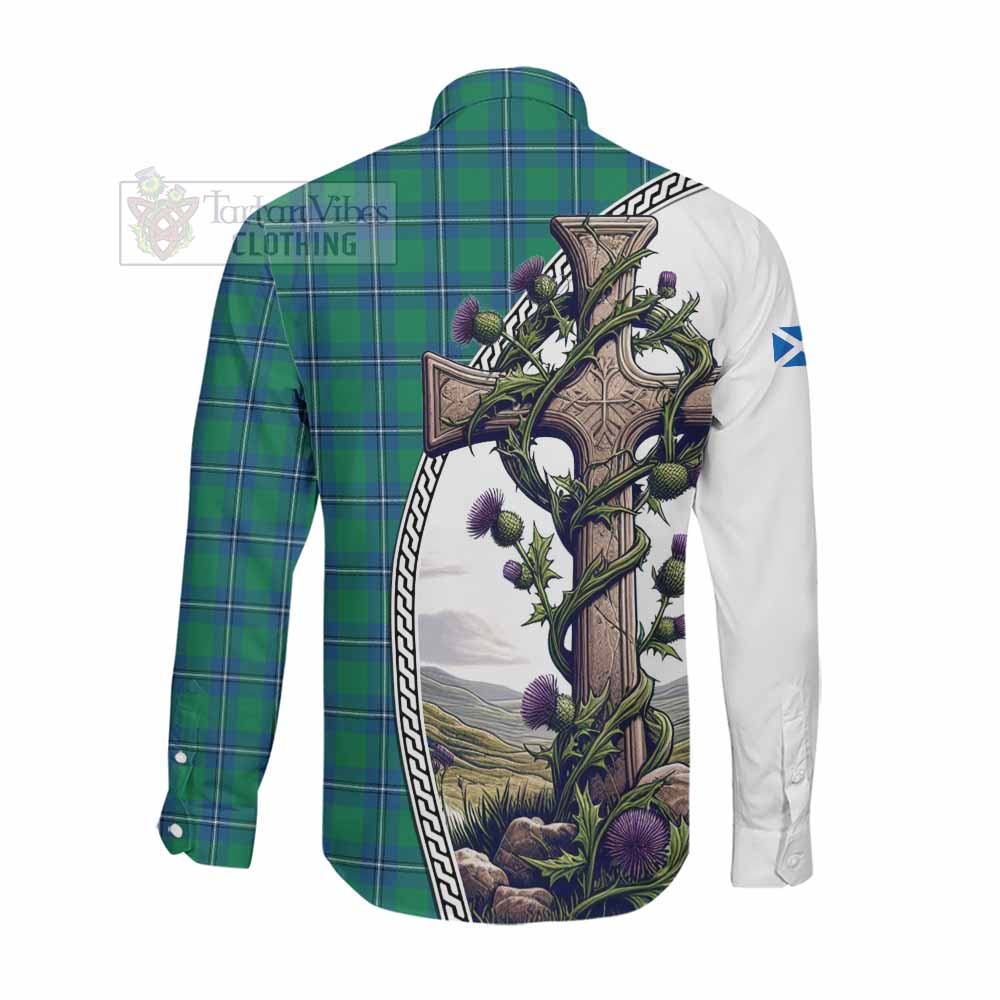 Tartan Vibes Clothing Irvine Tartan Long Sleeve Button Shirt with Family Crest and St. Andrew's Cross Accented by Thistle Vines