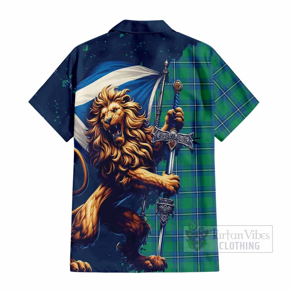 Tartan Vibes Clothing Irvine Tartan Family Crest Short Sleeve Button Shirt with Scottish Majestic Lion