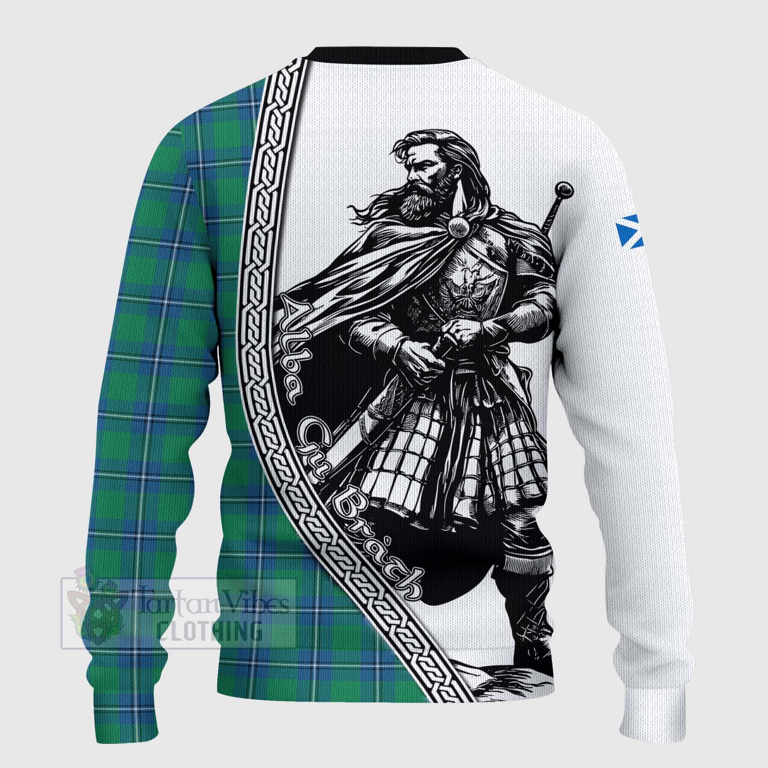 Tartan Vibes Clothing Irvine Tartan Clan Crest Knitted Sweater with Highlander Warrior Celtic Style