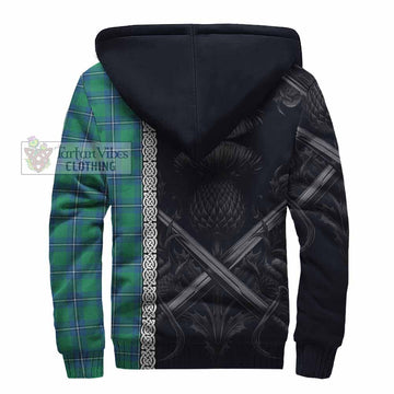 Irvine Tartan Sherpa Hoodie with Family Crest Cross Sword Thistle Celtic Vibes