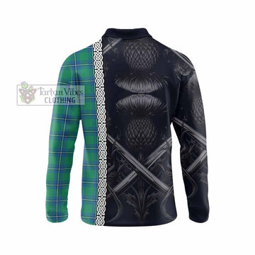 Irvine Tartan Long Sleeve Polo Shirt with Family Crest Cross Sword Thistle Celtic Vibes