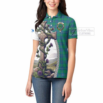 Irvine Tartan Women's Polo Shirt with Family Crest and St. Andrew's Cross Accented by Thistle Vines