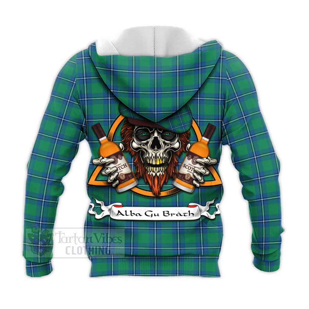 Tartan Vibes Clothing Irvine Tartan Knitted Hoodie with Family Crest and Bearded Skull Holding Bottles of Whiskey