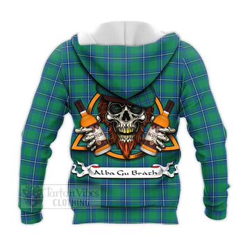 Irvine Tartan Knitted Hoodie with Family Crest and Bearded Skull Holding Bottles of Whiskey