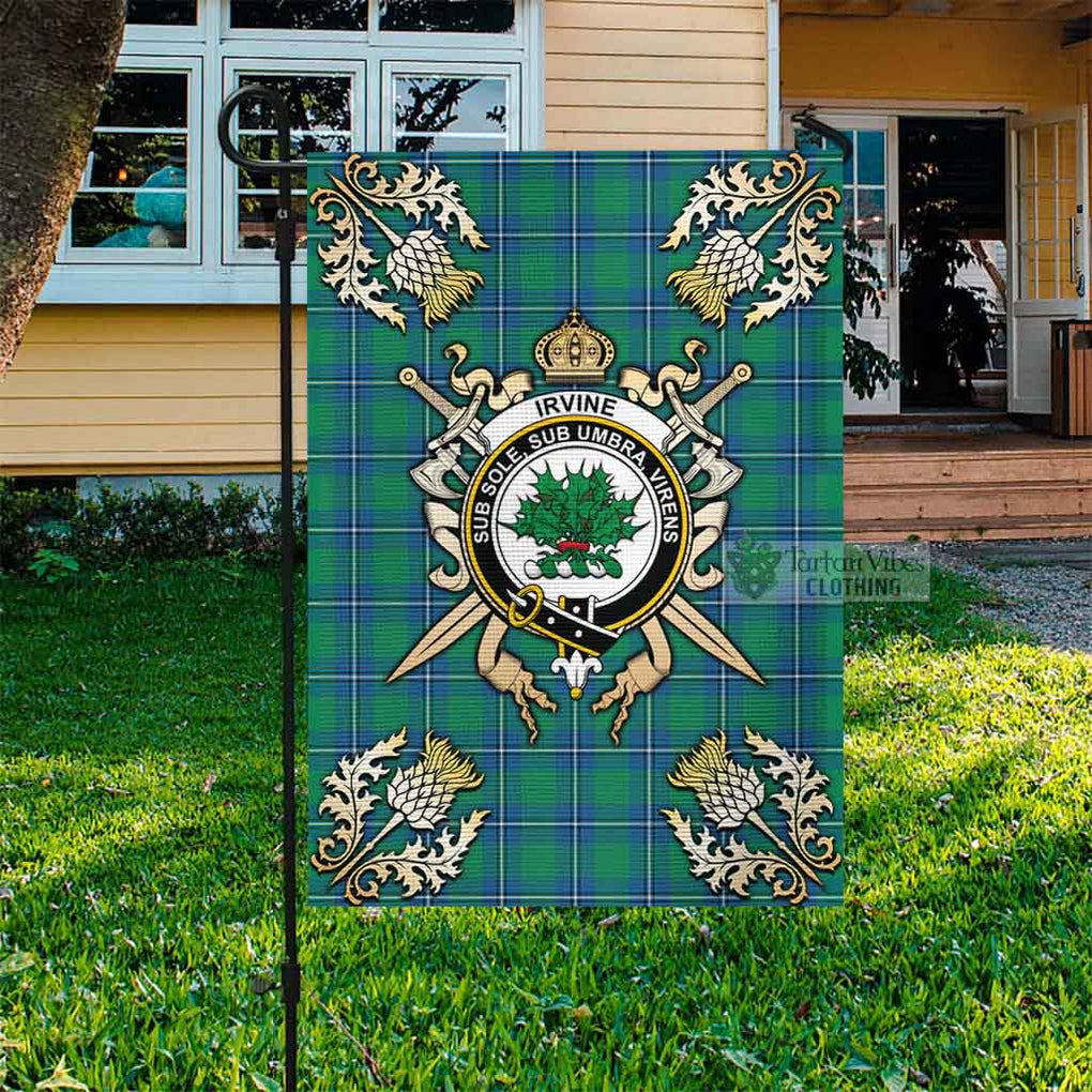 Tartan Vibes Clothing Irvine Tartan Flag with Family Crest and Golden Thistle Crossed Sword Design