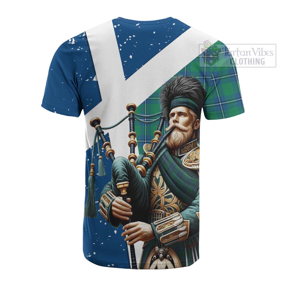 Tartan Vibes Clothing Irvine Tartan Cotton T-shirt with Family Crest Scottish Bagpiper Vibes