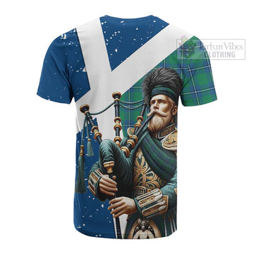 Irvine Tartan Cotton T-shirt with Family Crest Scottish Bagpiper Vibes