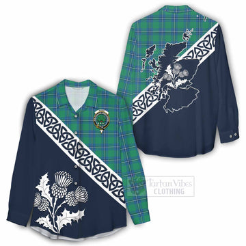 Irvine Tartan Women's Casual Shirt Featuring Thistle and Scotland Map