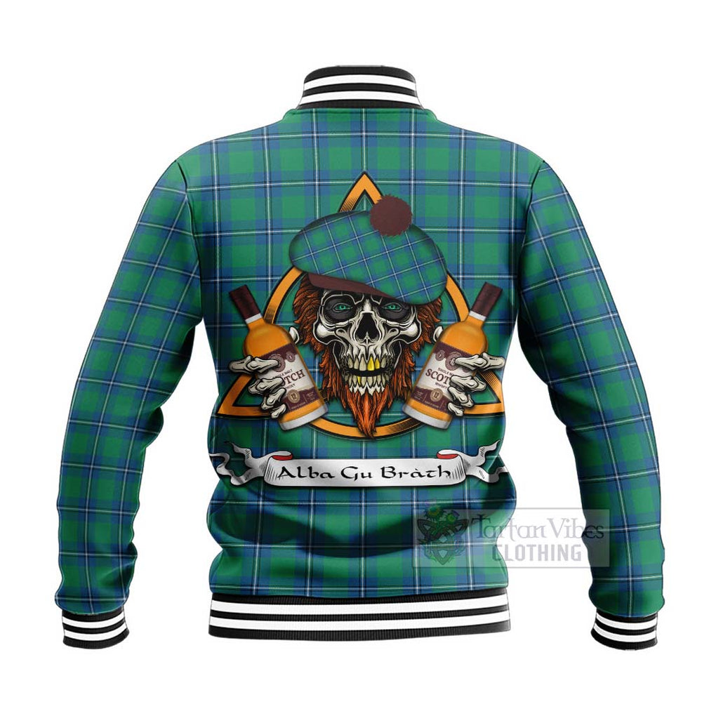 Tartan Vibes Clothing Irvine Tartan Baseball Jacket with Family Crest and Bearded Skull Holding Bottles of Whiskey