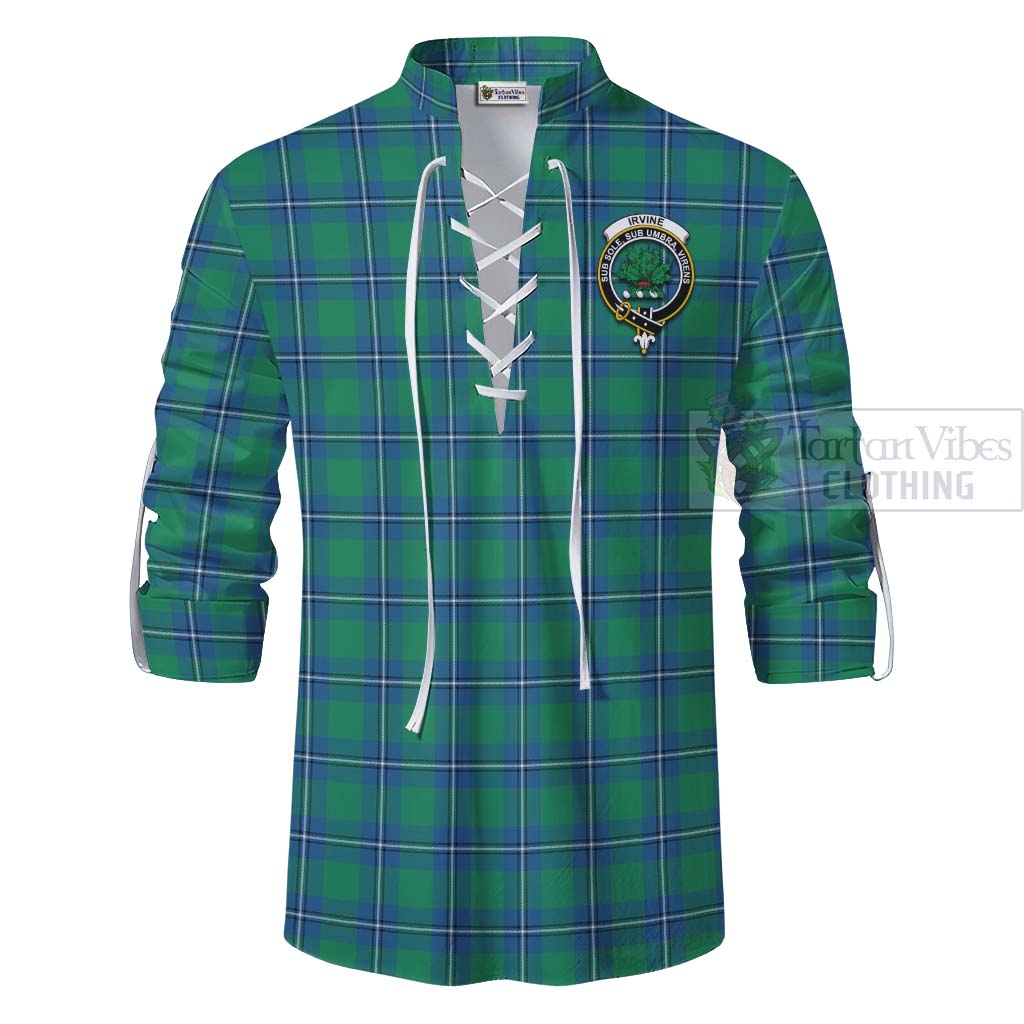 Tartan Vibes Clothing Irvine Tartan Ghillie Kilt Shirt with Family Crest and Bearded Skull Holding Bottles of Whiskey