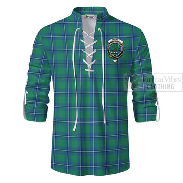 Irvine Tartan Ghillie Kilt Shirt with Family Crest and Bearded Skull Holding Bottles of Whiskey