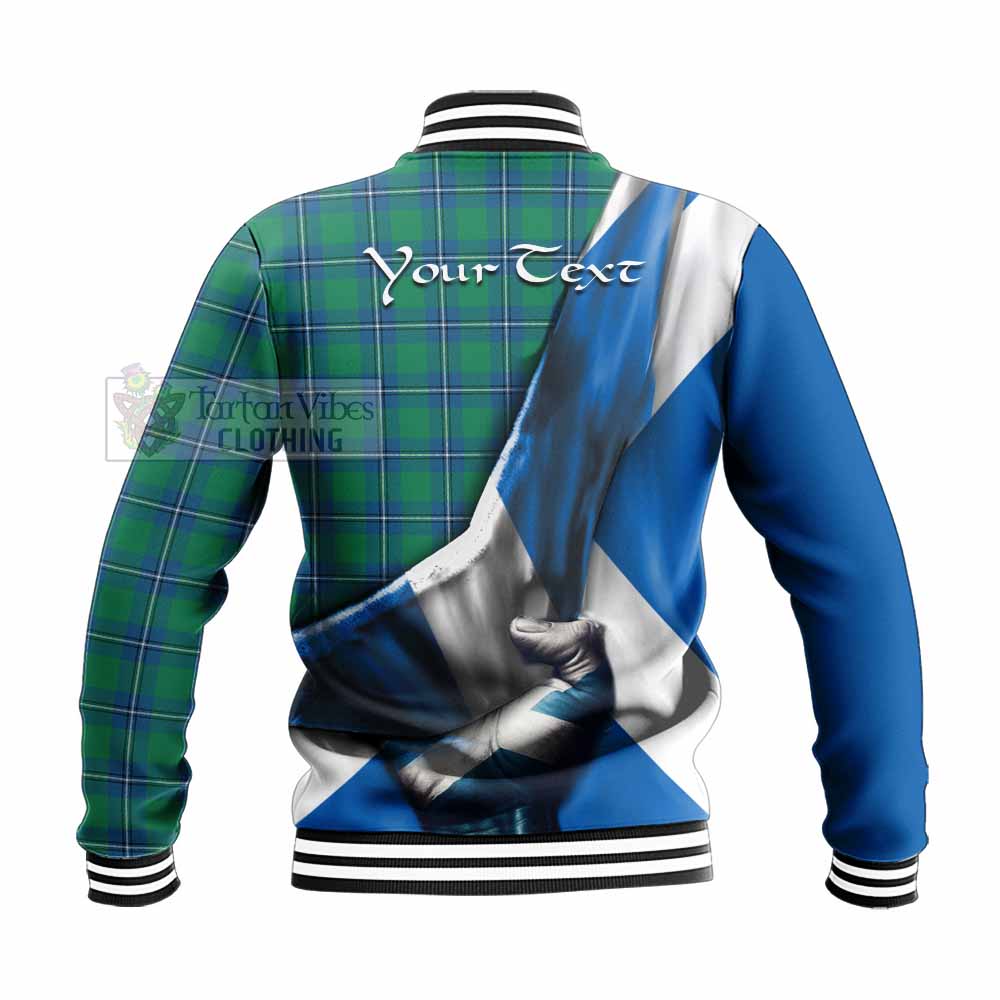 Tartan Vibes Clothing Irvine Tartan Baseball Jacket with Family Crest Scotland Patriotic Style