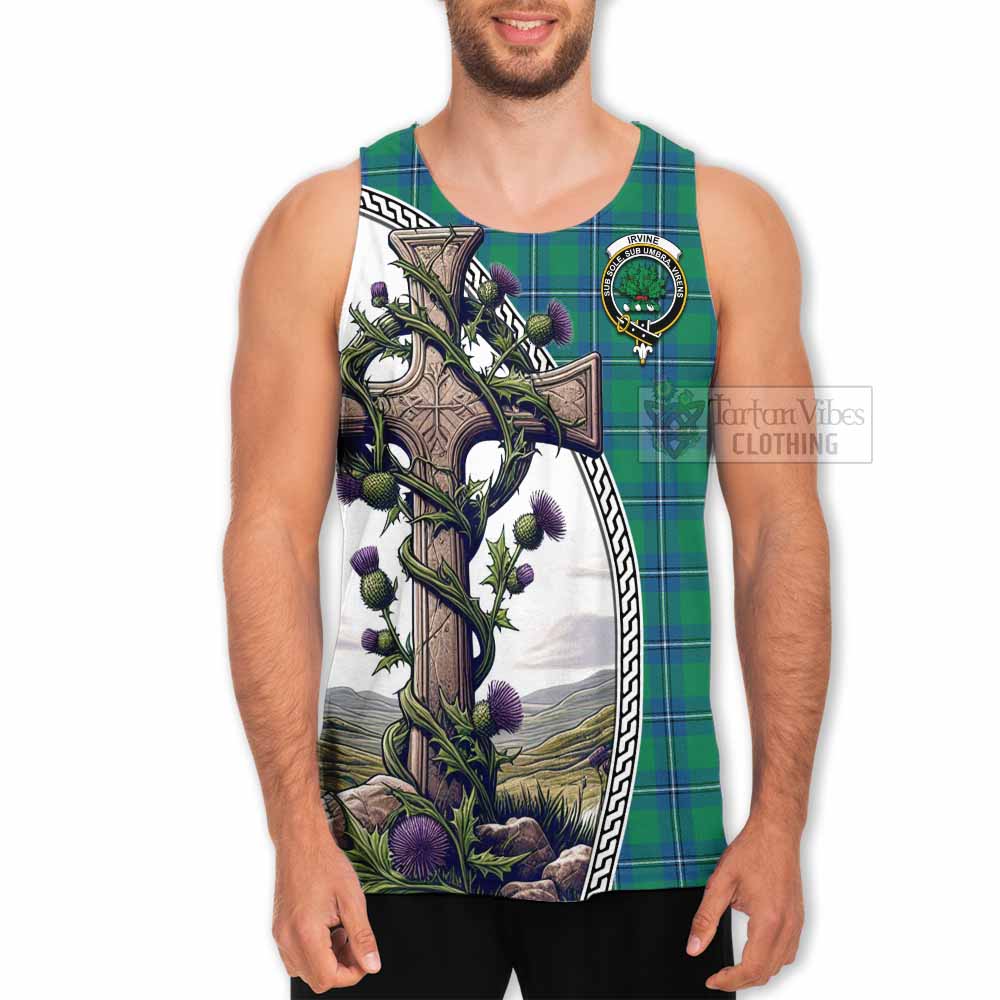 Tartan Vibes Clothing Irvine Tartan Men's Tank Top with Family Crest and St. Andrew's Cross Accented by Thistle Vines