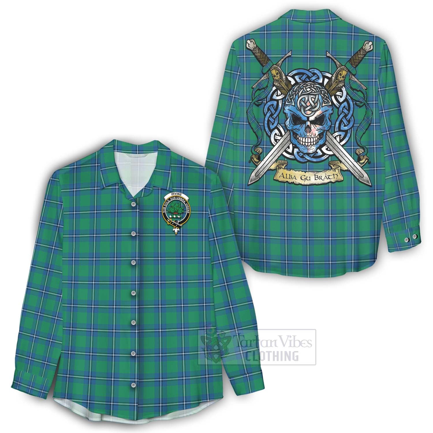 Tartan Vibes Clothing Irvine Tartan Women's Casual Shirt with Family Crest Celtic Skull Style