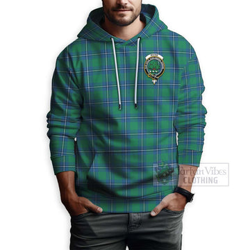 Irvine Tartan Hoodie with Family Crest and Bearded Skull Holding Bottles of Whiskey