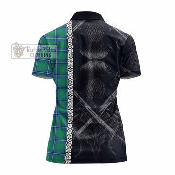 Irvine Tartan Women's Polo Shirt with Family Crest Cross Sword Thistle Celtic Vibes