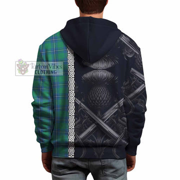 Irvine Tartan Hoodie with Family Crest Cross Sword Thistle Celtic Vibes