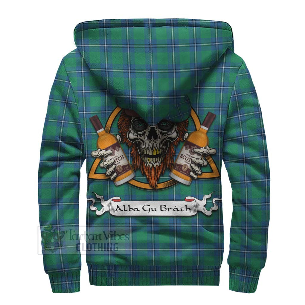 Tartan Vibes Clothing Irvine Tartan Sherpa Hoodie with Family Crest and Bearded Skull Holding Bottles of Whiskey