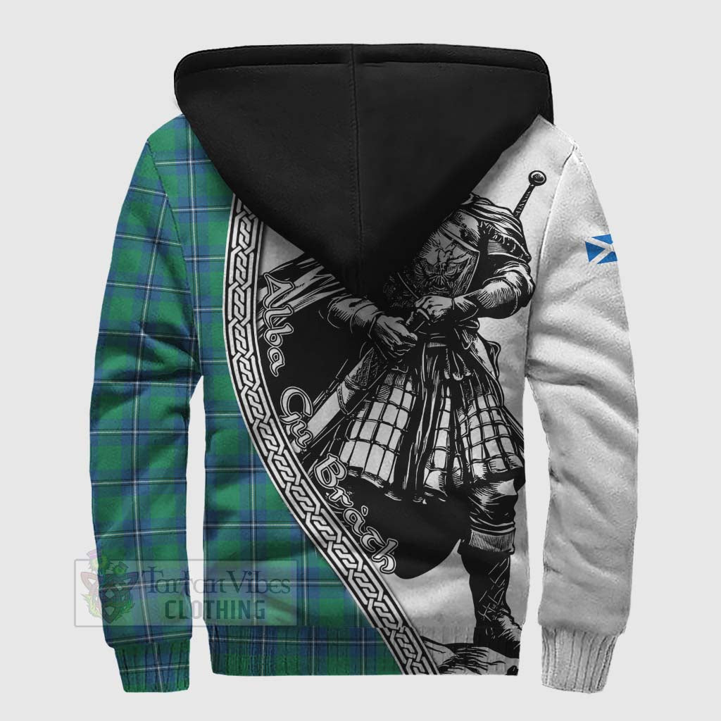 Tartan Vibes Clothing Irvine Tartan Clan Crest Sherpa Hoodie with Highlander Warrior Celtic Style