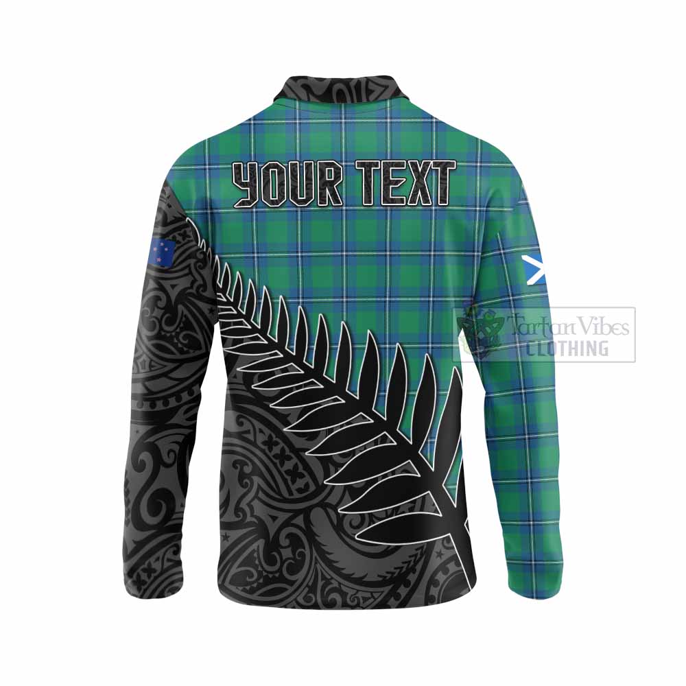 Tartan Vibes Clothing Irvine Crest Tartan Long Sleeve Polo Shirt with New Zealand Silver Fern Half Style