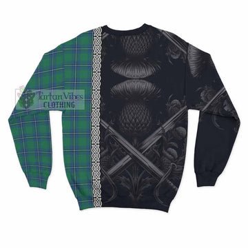 Irvine Tartan Sweatshirt with Family Crest Cross Sword Thistle Celtic Vibes