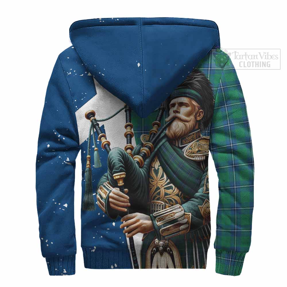 Tartan Vibes Clothing Irvine Tartan Sherpa Hoodie with Family Crest Scottish Bagpiper Vibes