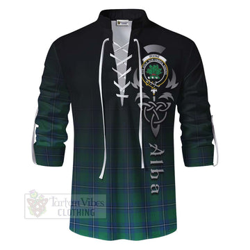 Irvine Tartan Ghillie Kilt Shirt Featuring Alba Gu Brath Family Crest Celtic Inspired