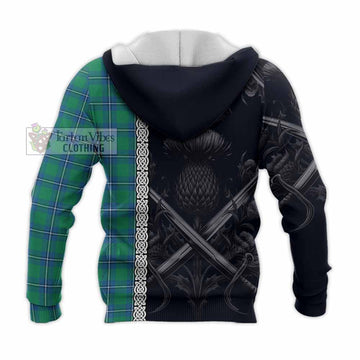 Irvine Tartan Knitted Hoodie with Family Crest Cross Sword Thistle Celtic Vibes