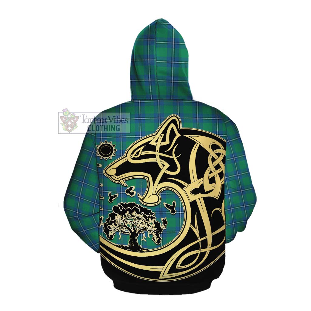 Tartan Vibes Clothing Irvine Tartan Cotton Hoodie with Family Crest Celtic Wolf Style