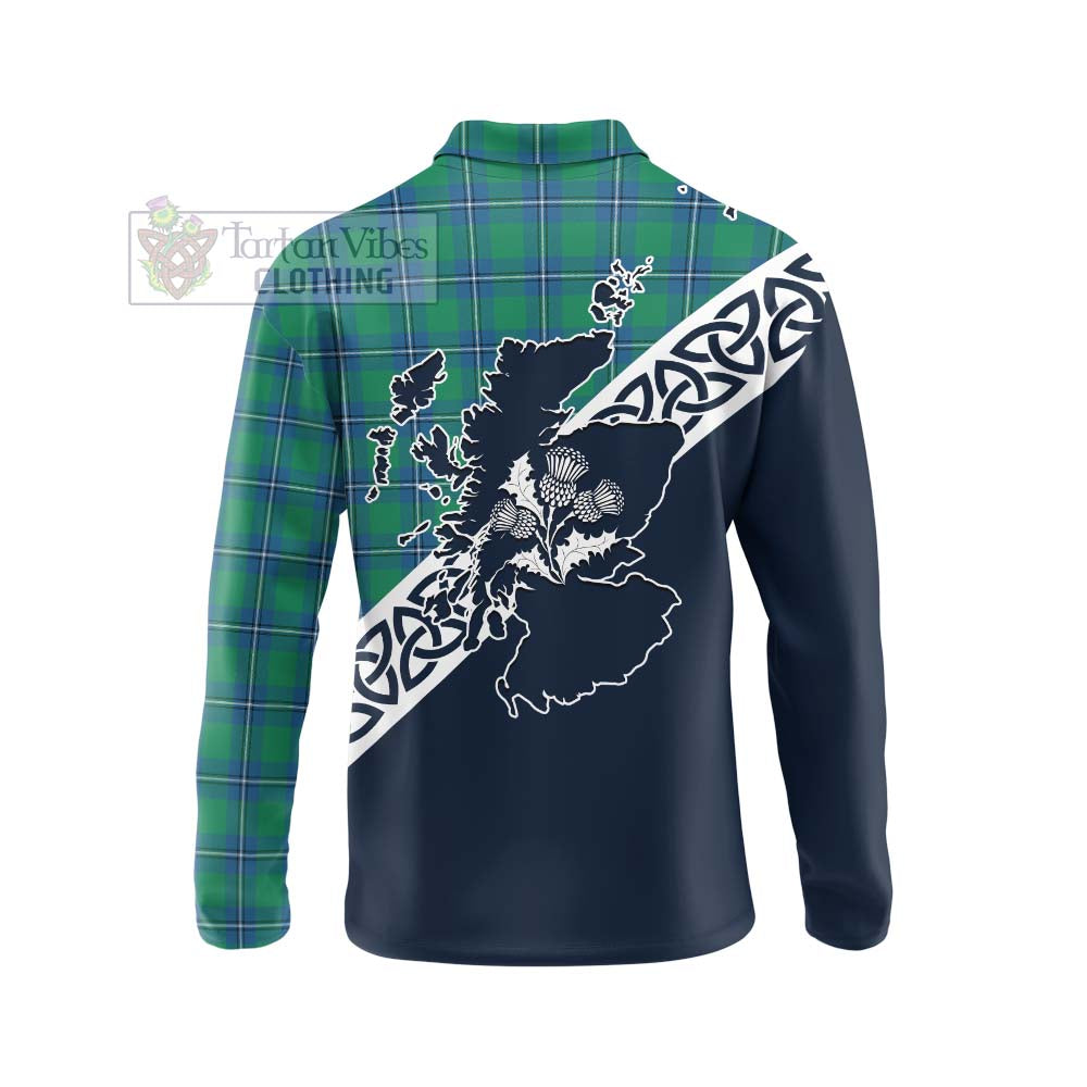 Tartan Vibes Clothing Irvine Tartan Long Sleeve Polo Shirt Featuring Thistle and Scotland Map