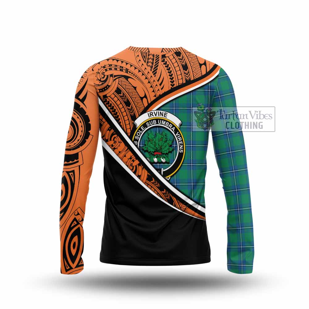 Tartan Vibes Clothing Irvine Crest Tartan Long Sleeve T-Shirt with Maori Tattoo Style - Orange Version