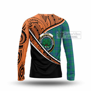 Irvine Crest Tartan Long Sleeve T-Shirt with Polynesian Vibes Style - Orange Version