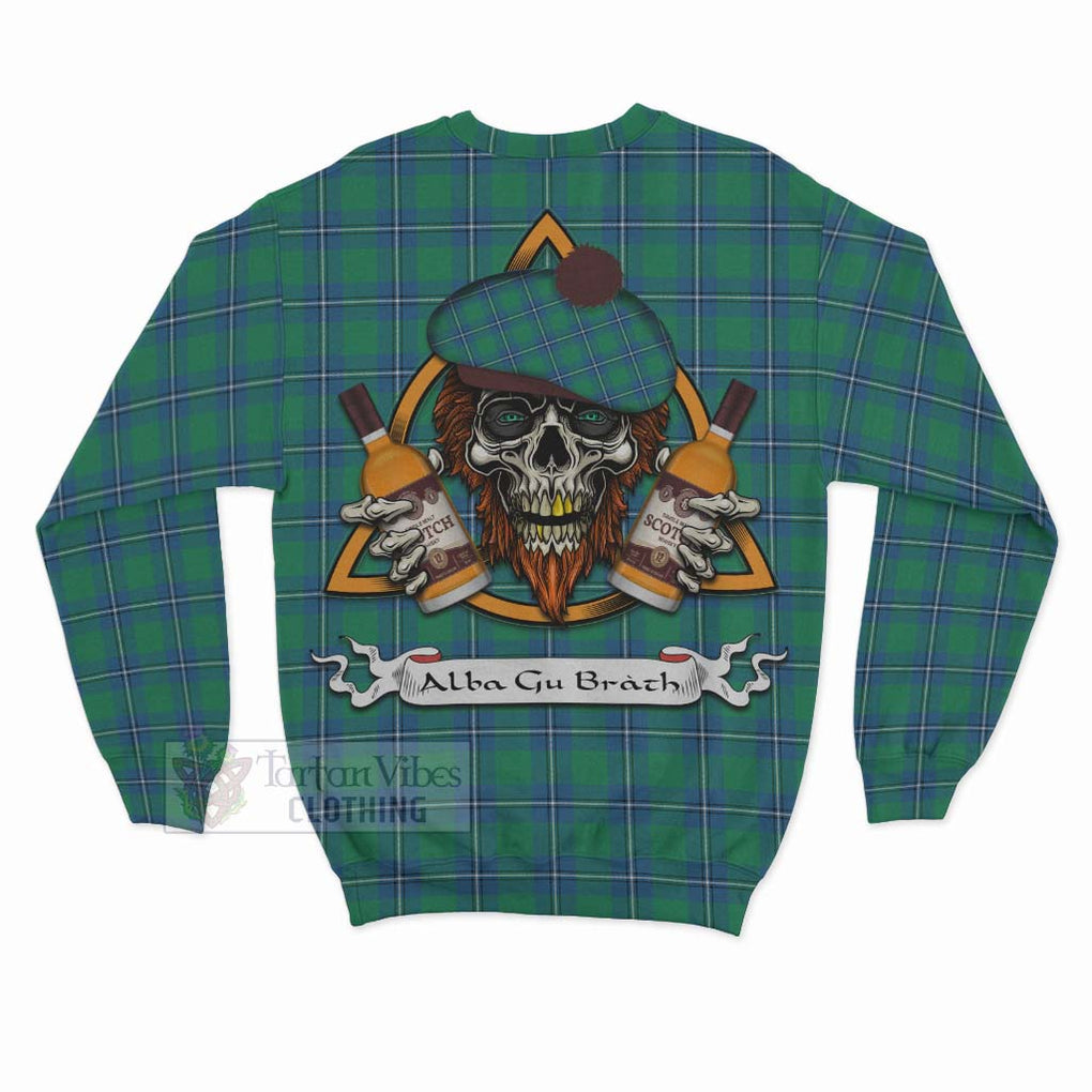 Tartan Vibes Clothing Irvine Tartan Sweatshirt with Family Crest and Bearded Skull Holding Bottles of Whiskey