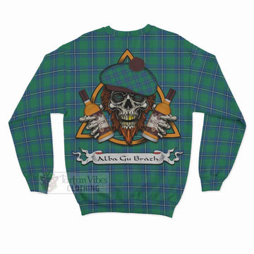 Irvine Tartan Sweatshirt with Family Crest and Bearded Skull Holding Bottles of Whiskey