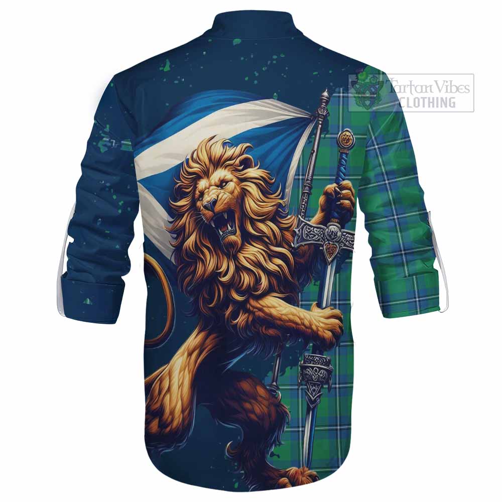 Tartan Vibes Clothing Irvine Tartan Family Crest Ghillie Kilt Shirt with Scottish Majestic Lion