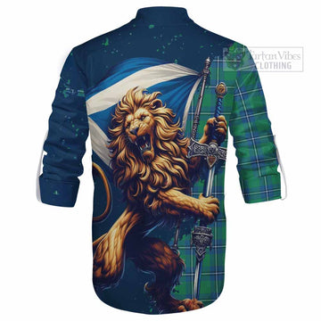 Irvine Tartan Family Crest Ghillie Kilt Shirt with Scottish Majestic Lion