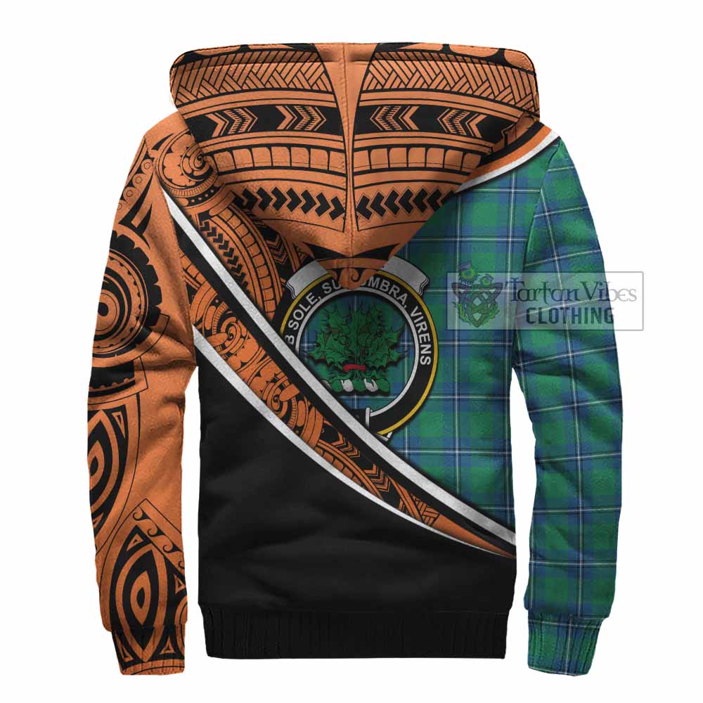 Tartan Vibes Clothing Irvine Crest Tartan Sherpa Hoodie with Maori Tattoo Style - Orange Version