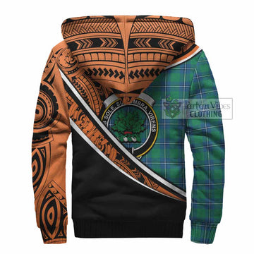 Irvine Crest Tartan Sherpa Hoodie with Polynesian Vibes Style - Orange Version