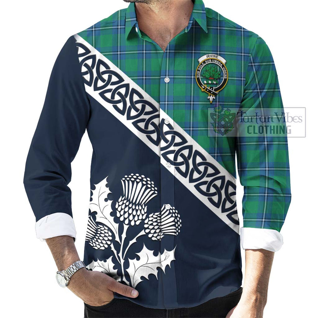 Tartan Vibes Clothing Irvine Tartan Long Sleeve Button Shirt Featuring Thistle and Scotland Map