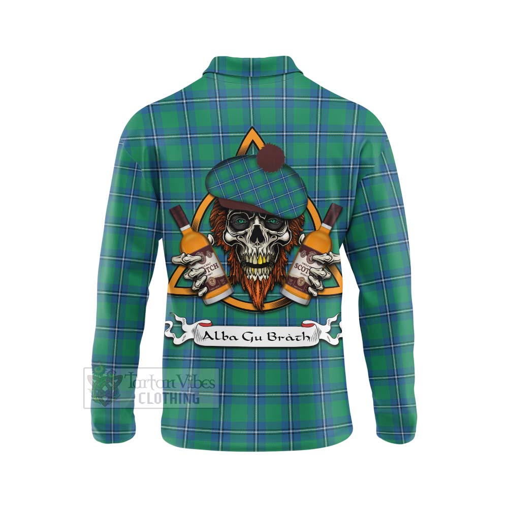 Tartan Vibes Clothing Irvine Tartan Long Sleeve Polo Shirt with Family Crest and Bearded Skull Holding Bottles of Whiskey