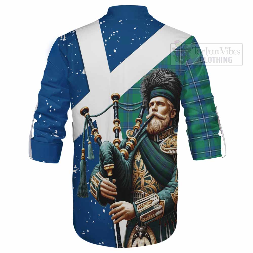 Tartan Vibes Clothing Irvine Tartan Ghillie Kilt Shirt with Family Crest Scottish Bagpiper Vibes