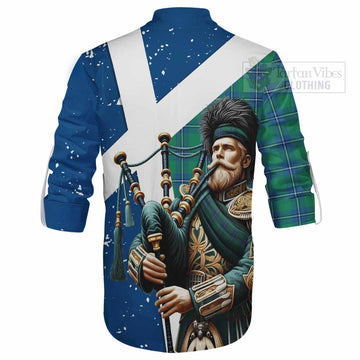 Irvine Tartan Ghillie Kilt Shirt with Family Crest Scottish Bagpiper Vibes