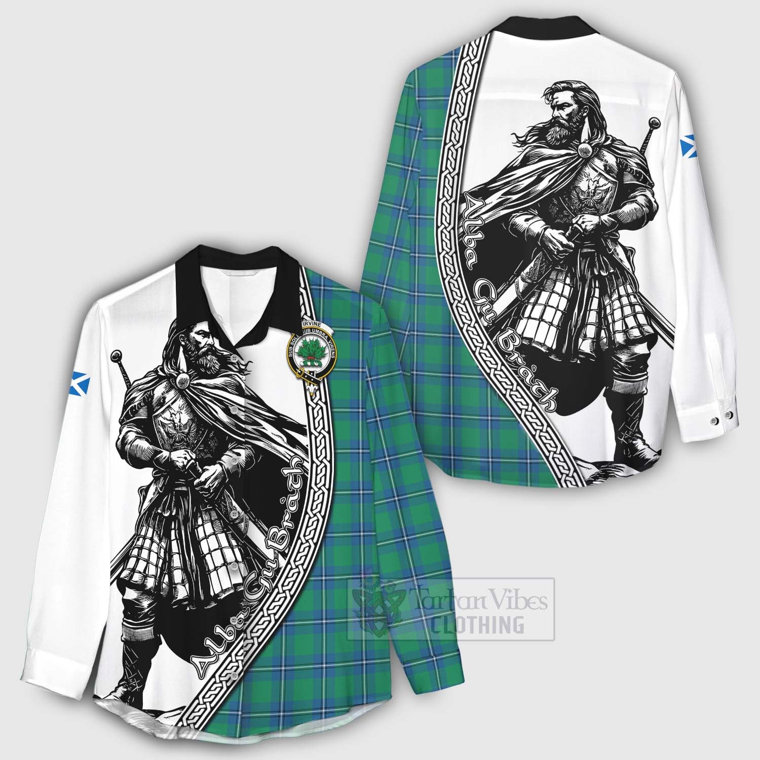 Tartan Vibes Clothing Irvine Tartan Clan Crest Women's Casual Shirt with Highlander Warrior Celtic Style