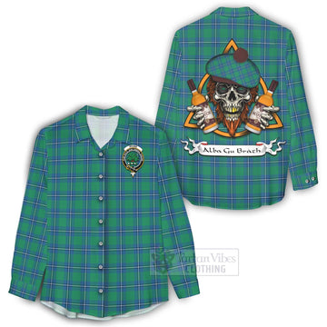 Irvine Tartan Women's Casual Shirt with Family Crest and Bearded Skull Holding Bottles of Whiskey