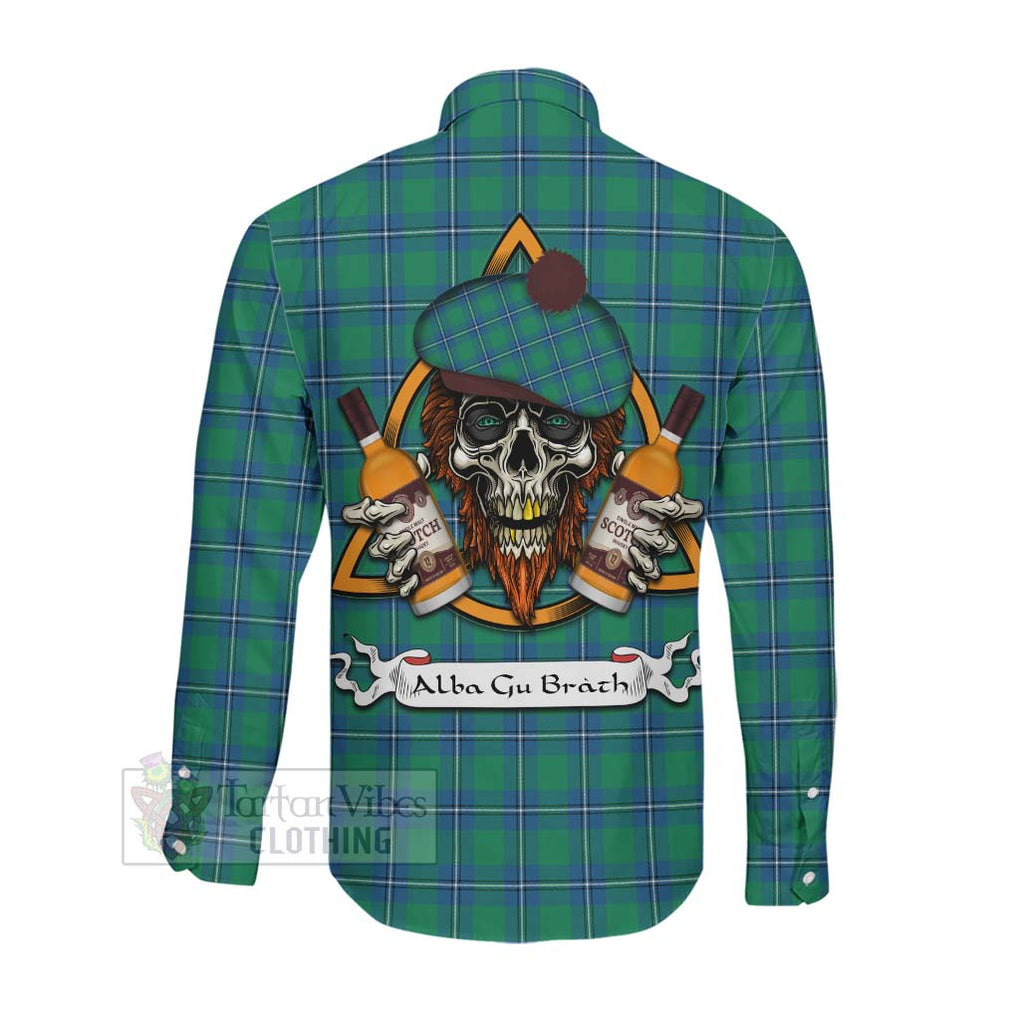 Tartan Vibes Clothing Irvine Tartan Long Sleeve Button Shirt with Family Crest and Bearded Skull Holding Bottles of Whiskey