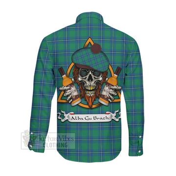 Irvine Tartan Long Sleeve Button Shirt with Family Crest and Bearded Skull Holding Bottles of Whiskey