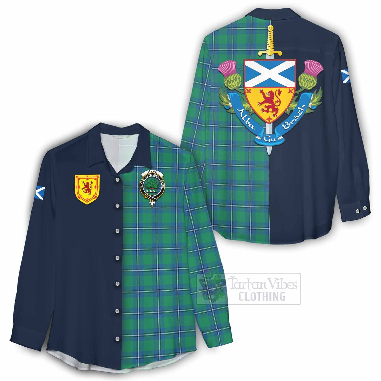 Tartan Vibes Clothing Irvine Tartan Women's Casual Shirt Alba with Scottish Lion Royal Arm Half Style