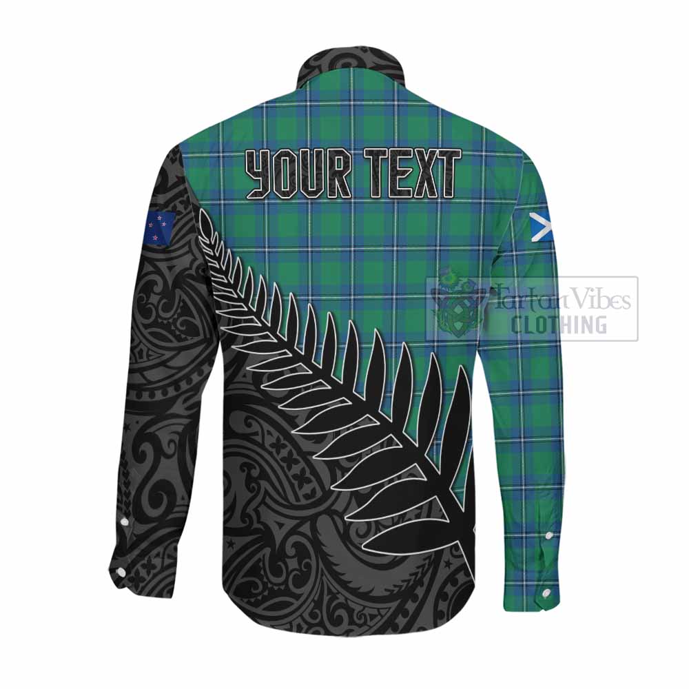 Tartan Vibes Clothing Irvine Crest Tartan Long Sleeve Button Shirt with New Zealand Silver Fern Half Style