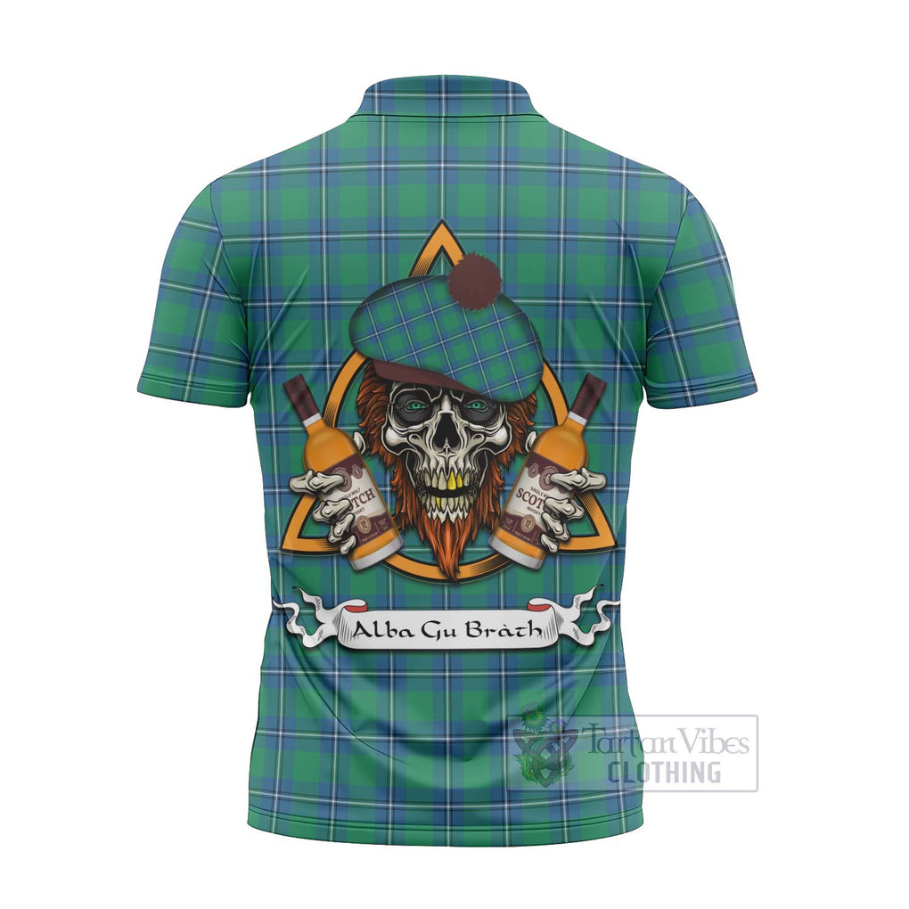 Tartan Vibes Clothing Irvine Tartan Zipper Polo Shirt with Family Crest and Bearded Skull Holding Bottles of Whiskey