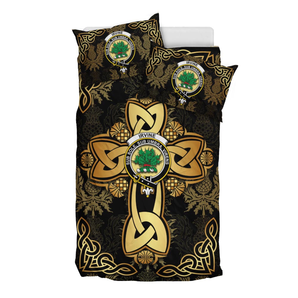 Irvine Clan Bedding Sets Gold Thistle Celtic Style - Tartanvibesclothing